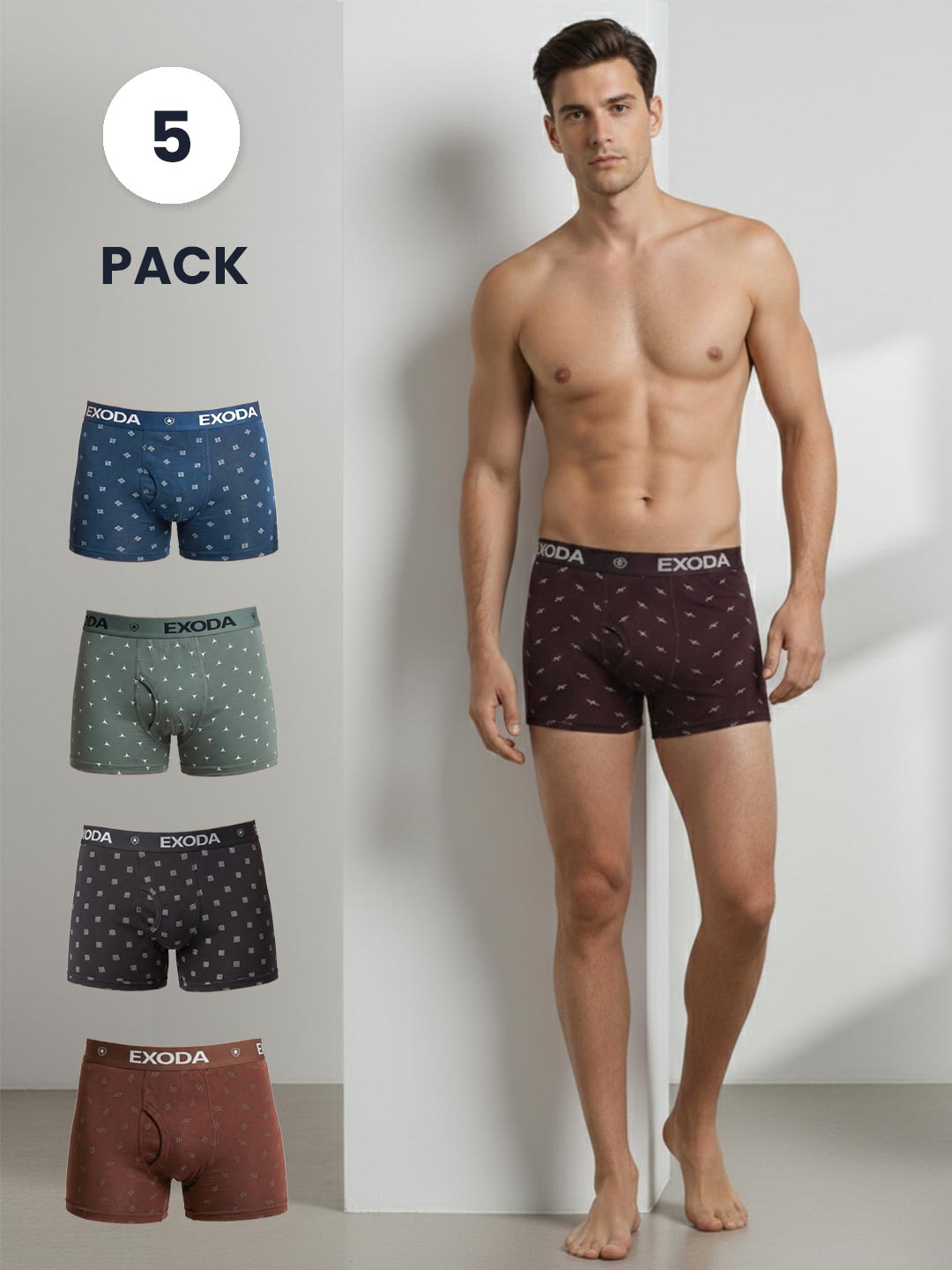 Man wearing Exoda underwear with four additional pairs displayed below on a neutral background