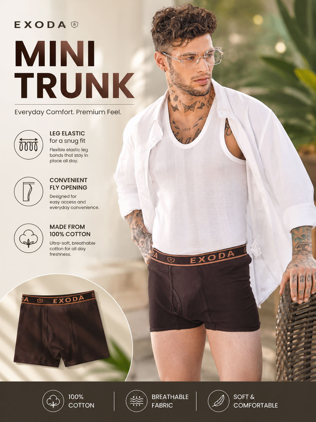 A man wearing Exoda Mini Trunk underwear is shown in a lifestyle setting with product features and benefits listed on the left side. The product is dark brown cotton with a gold logo band, and the background is a soft-focus outdoor scene.#color_irish-coffee
