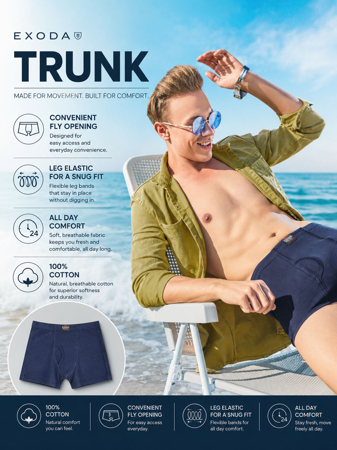 Exoda Trunk men's swim trunks in navy blue, shown on a beach lifestyle background with a model wearing sunglasses and an olive green shirt sitting on a beach chair. The image includes feature callouts and a circular inset showing the trunks folded. #color_mirage