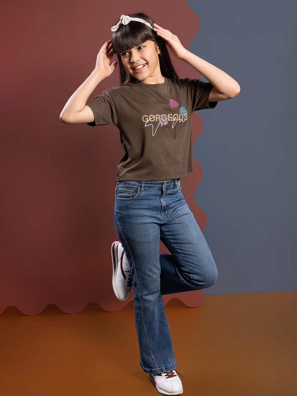 fg tencel lycra printed crop top tees for girls color irish coffee