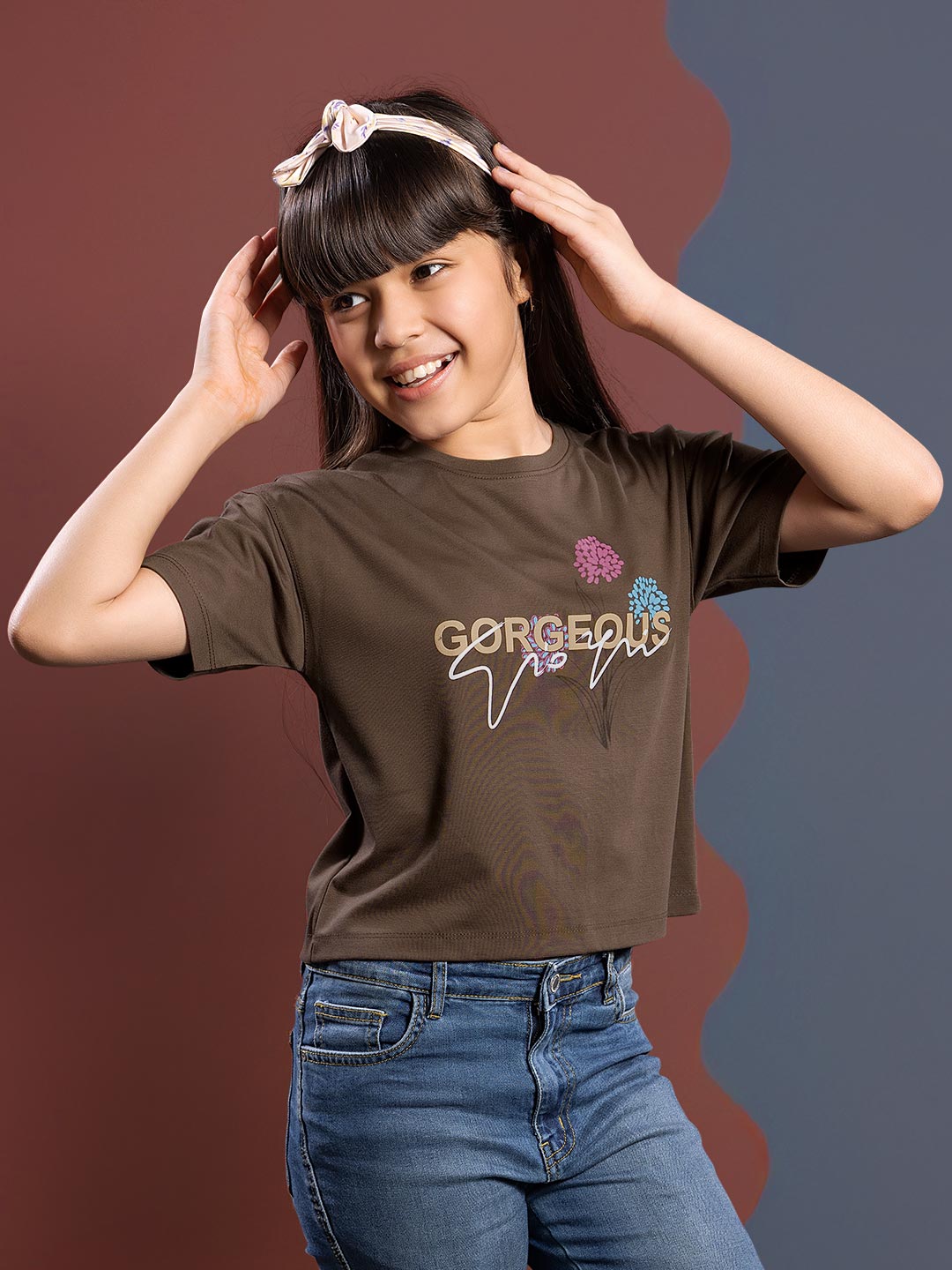 fg tencel lycra printed crop top tees for girls color irish coffee