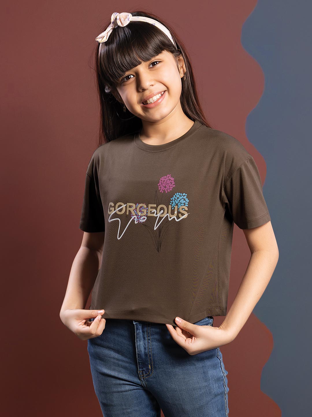 fg tencel lycra printed crop top tees for girls color irish coffee