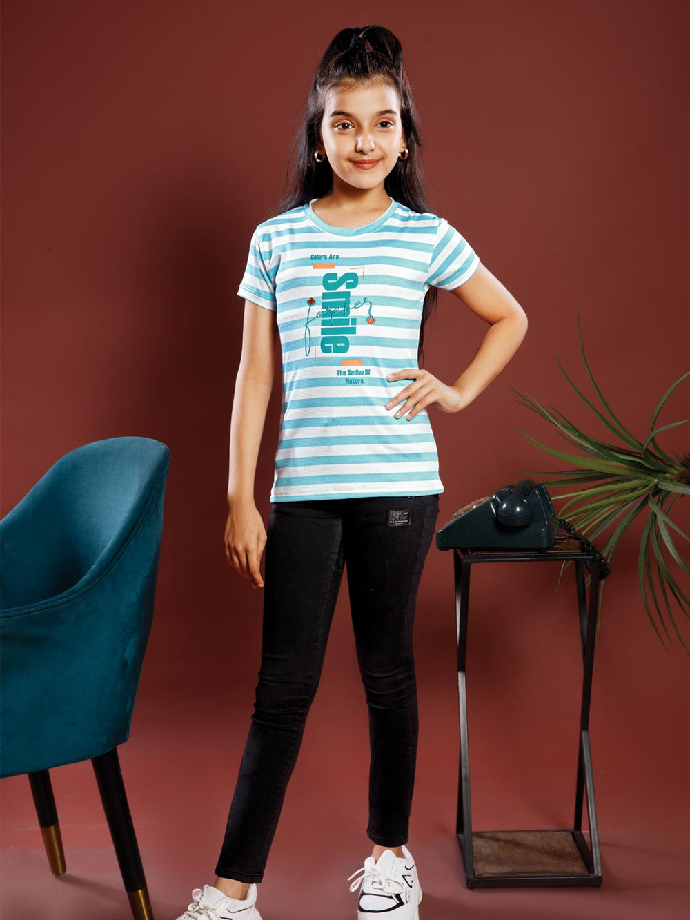 girls printed striped round neck t-shirt color blizzard blue