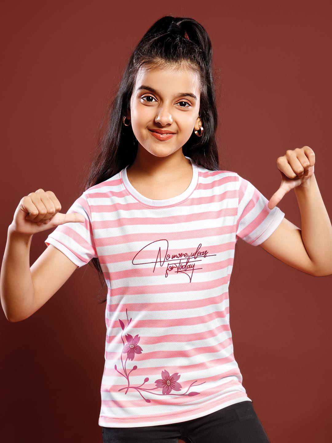 girls printed striped round neck t-shirt color rosy pink