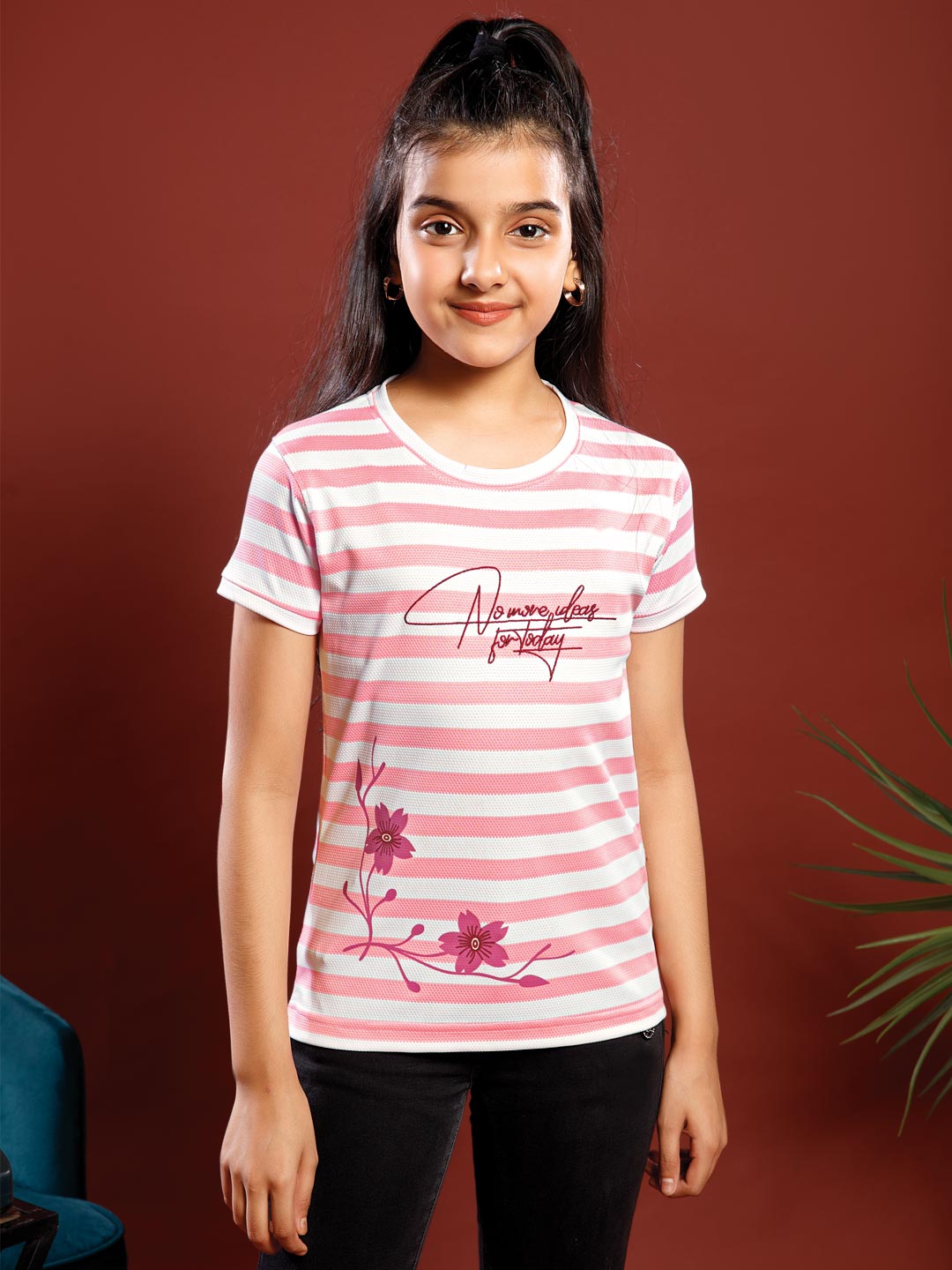 girls printed striped round neck t-shirt color rosy pink