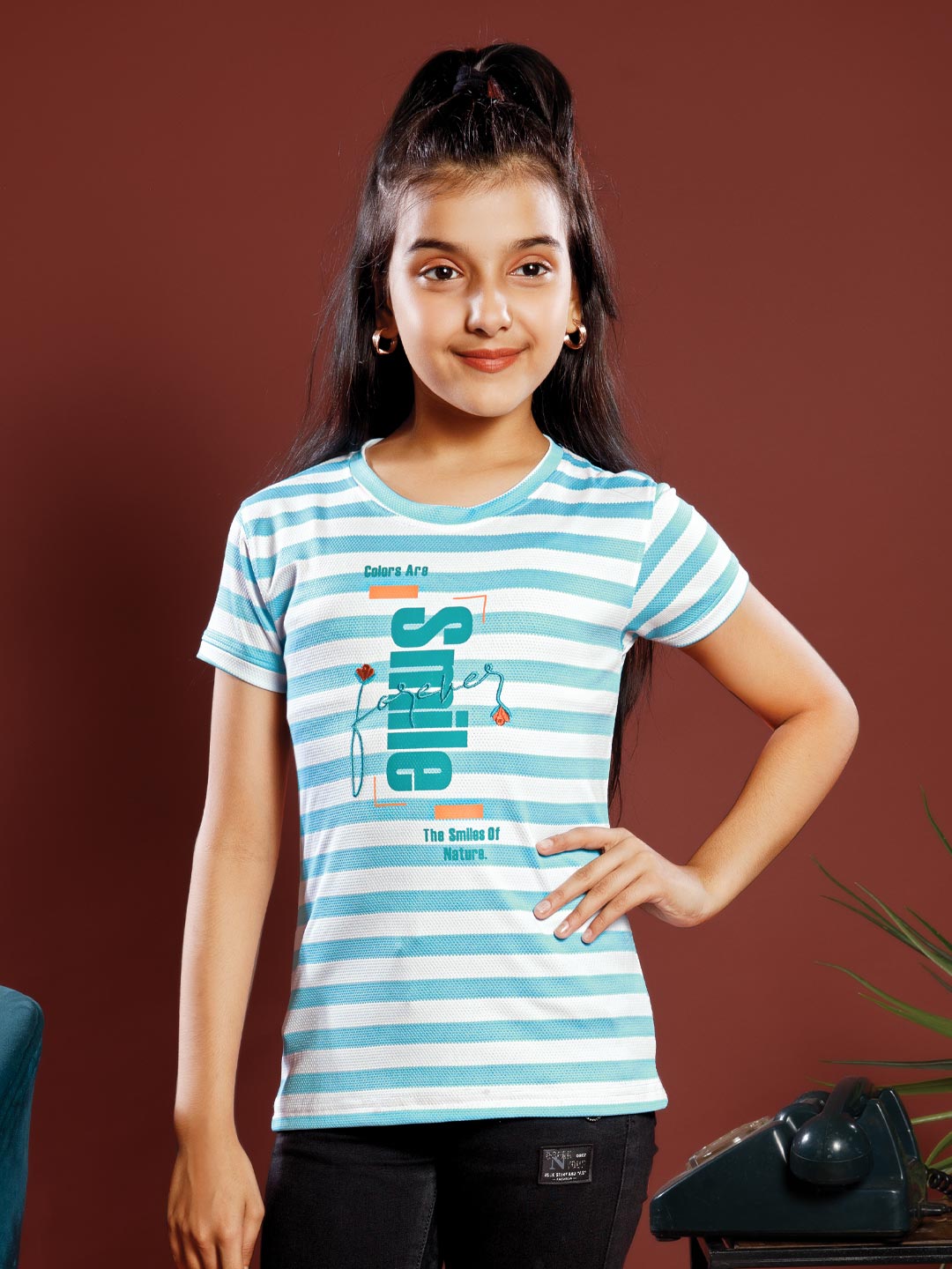 girls printed striped round neck t-shirt color blizzard blue