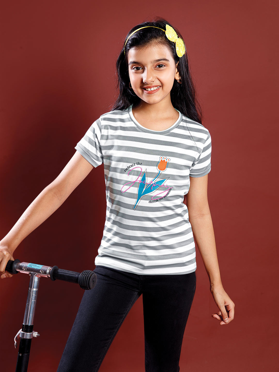 girls printed striped round neck t-shirt color charcoal grey
