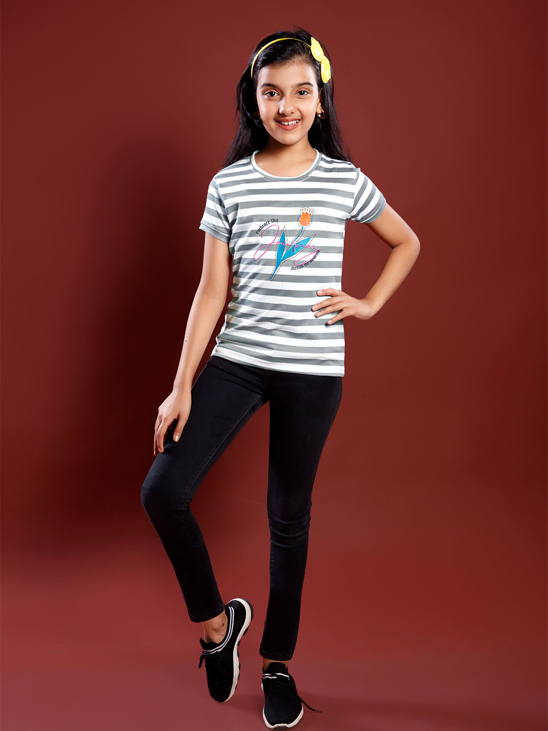 girls printed striped round neck t-shirt color charcoal grey