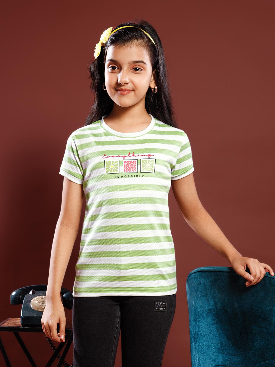 girls printed striped round neck t-shirt color frog green