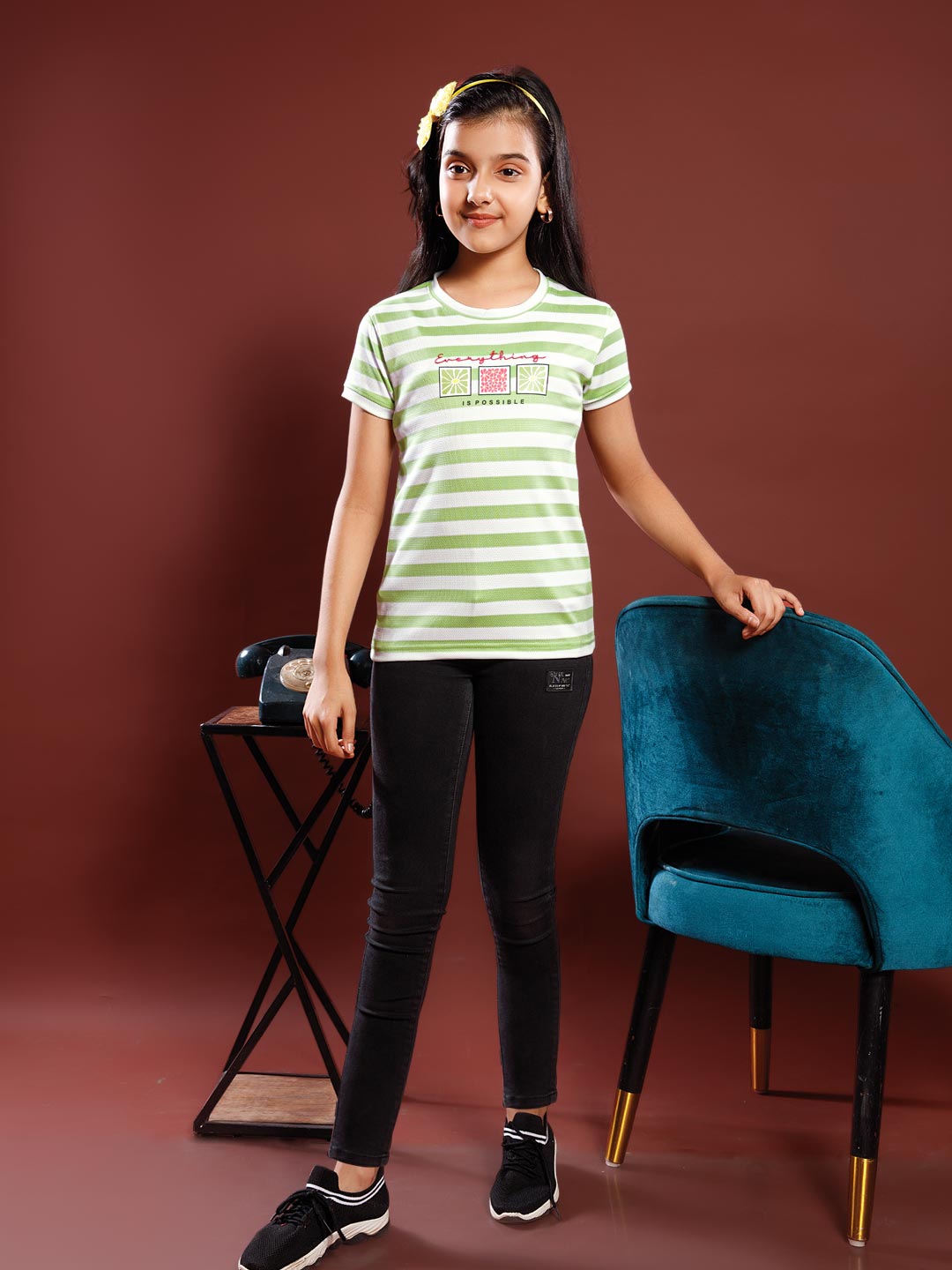 girls printed striped round neck t-shirt color frog green