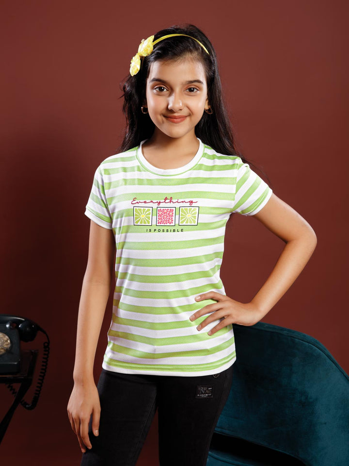 girls printed striped round neck t-shirt color frog green