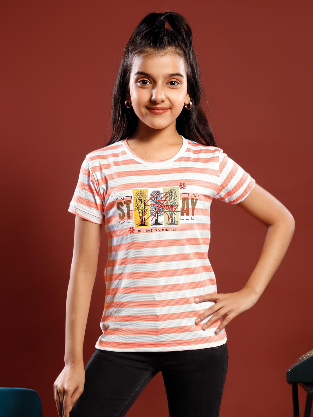 girls printed striped round neck t-shirt color hit pink