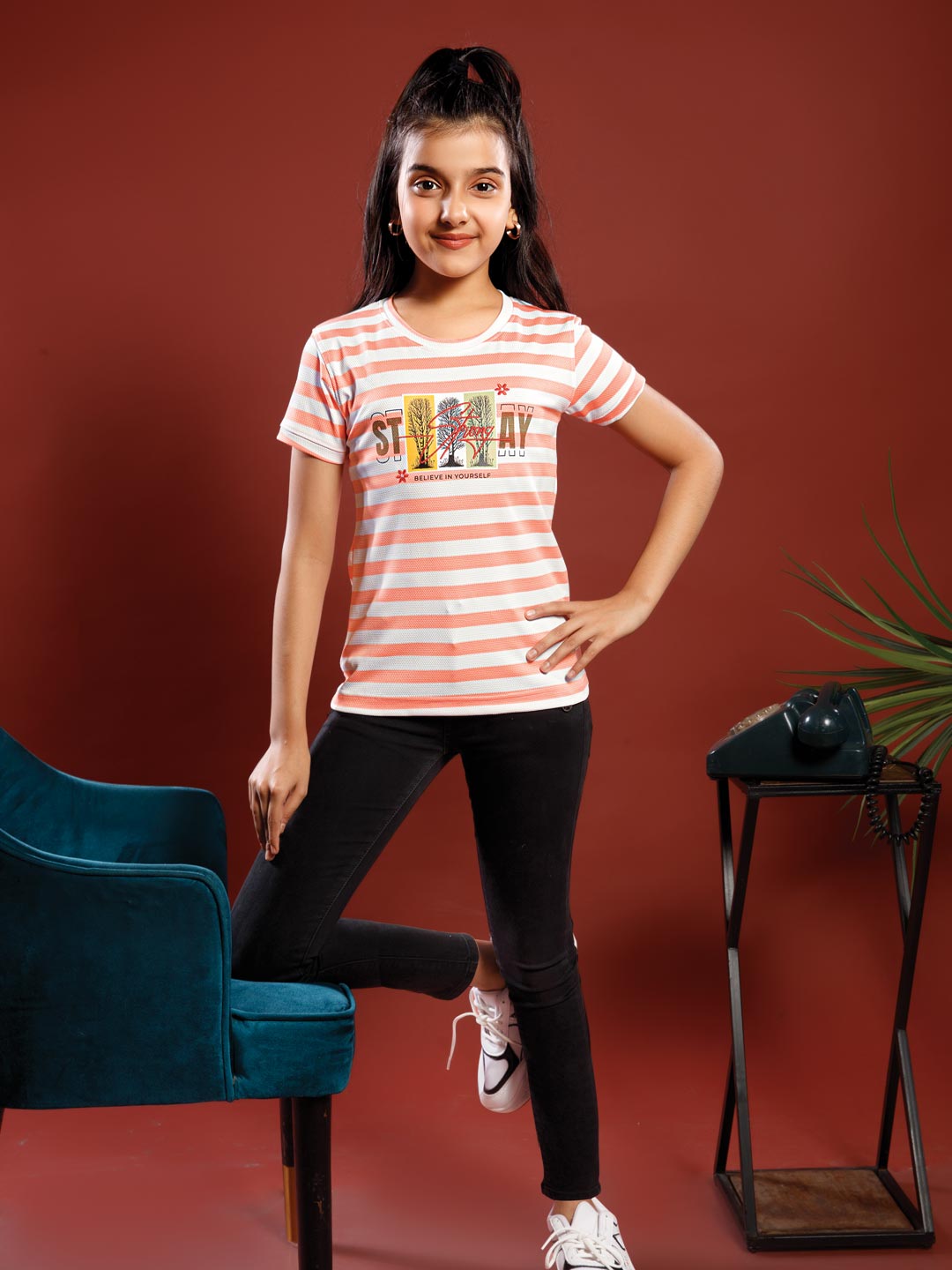 girls printed striped round neck t-shirt color hit pink