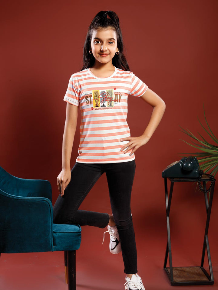 girls printed striped round neck t-shirt color hit pink