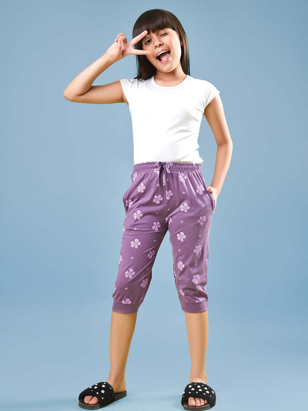 g-3822 printed 3/4th pant for girls dark lilac