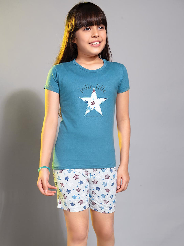 round neck half sleeve printed t-shirt and printed shorts co-ord sets for girls color ocean