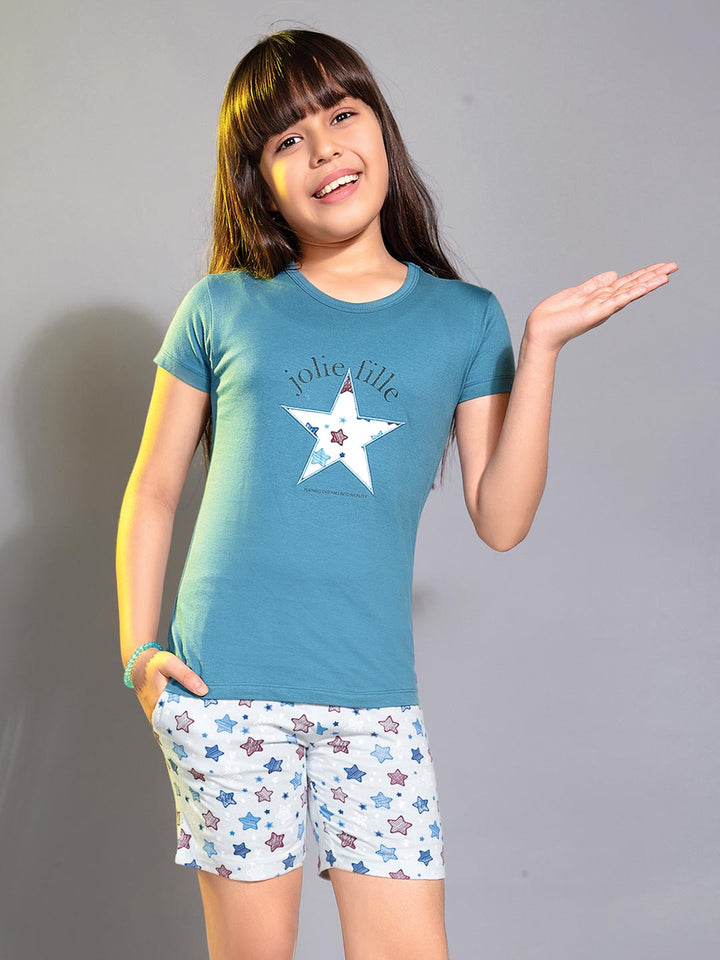 round neck half sleeve printed t-shirt and printed shorts co-ord sets for girls color ocean
