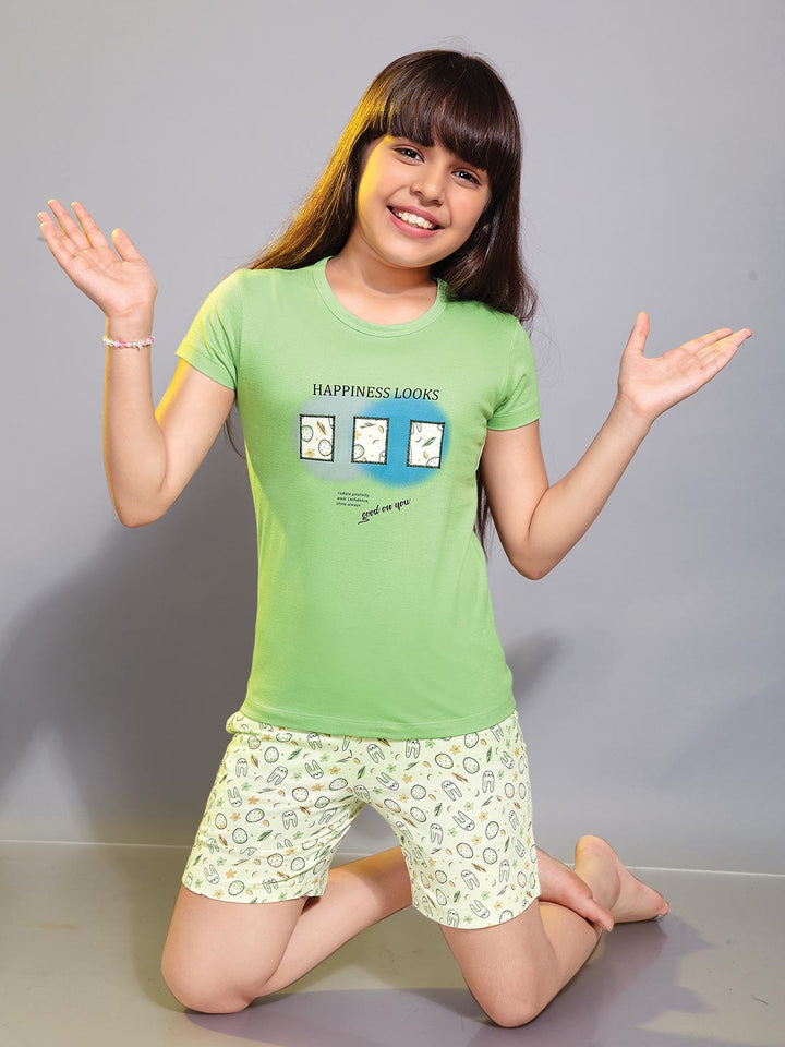 round neck half sleeve printed t-shirt and printed shorts co-ord sets for girls color frog green