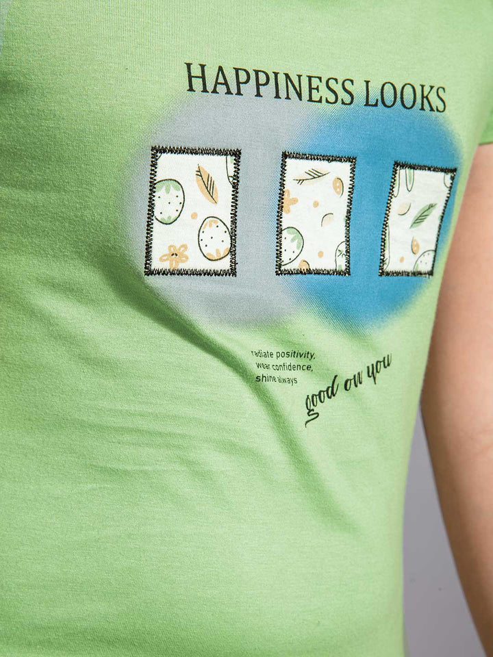 round neck half sleeve printed t-shirt and printed shorts co-ord sets for girls color frog green