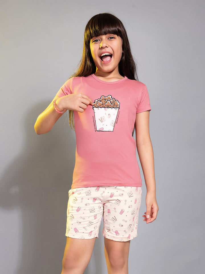 round neck half sleeve printed t-shirt and printed shorts co-ord sets for girls color mandy