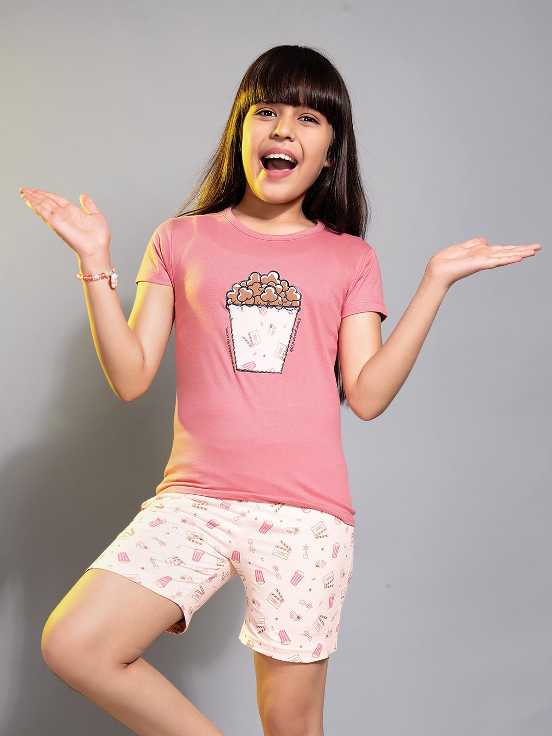 round neck half sleeve printed t-shirt and printed shorts co-ord sets for girls color mandy
