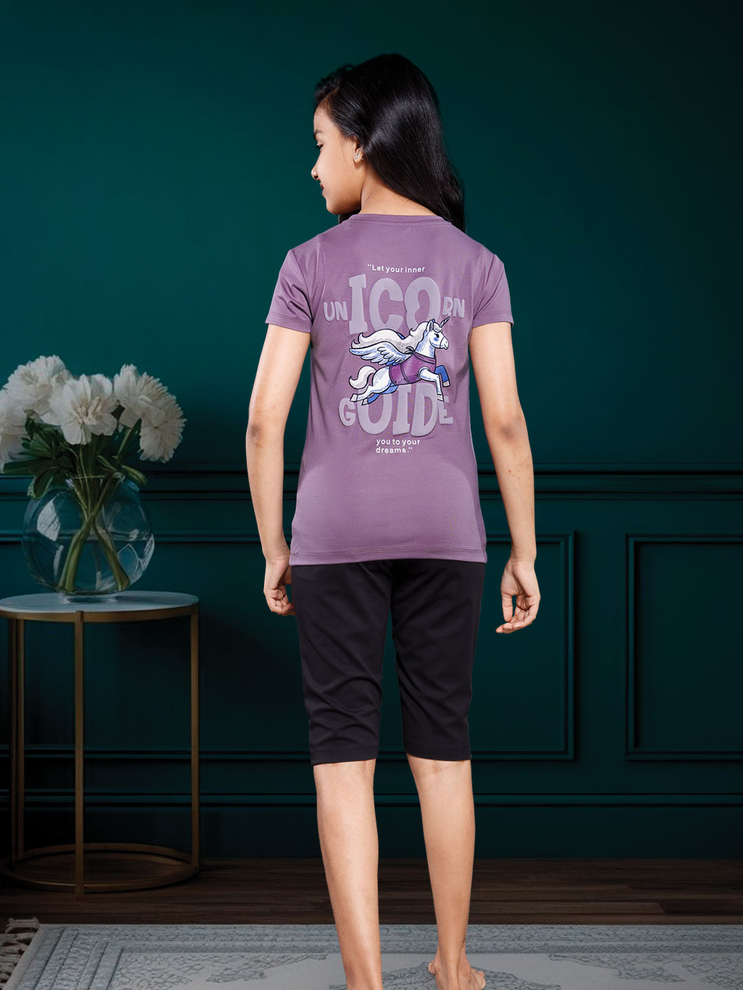 printed 3/4th set for girls color purple taupe
