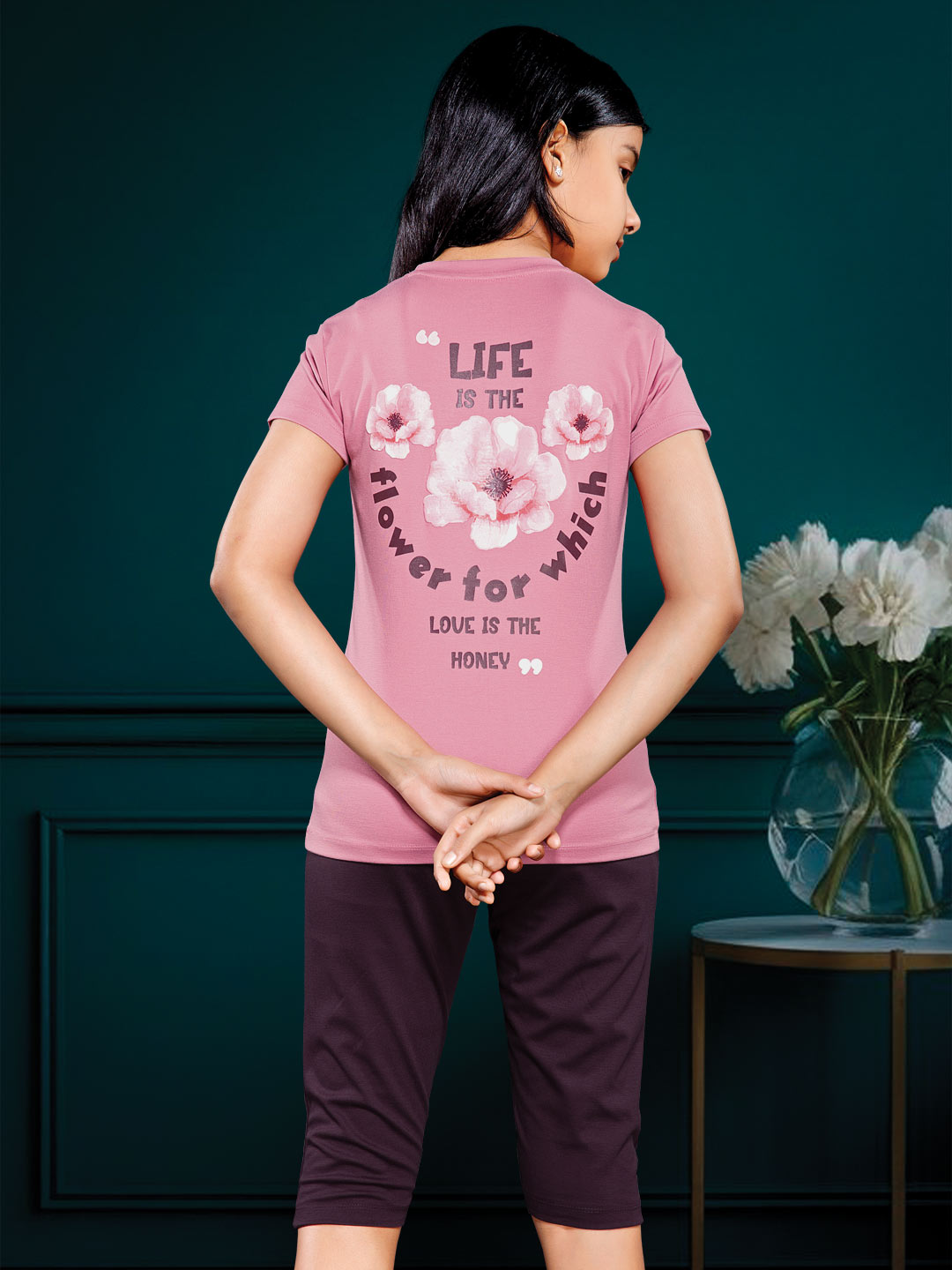 printed 3/4th set for girls color pink rose