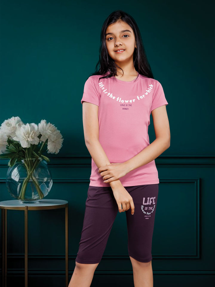 printed 3/4th set for girls color pink rose