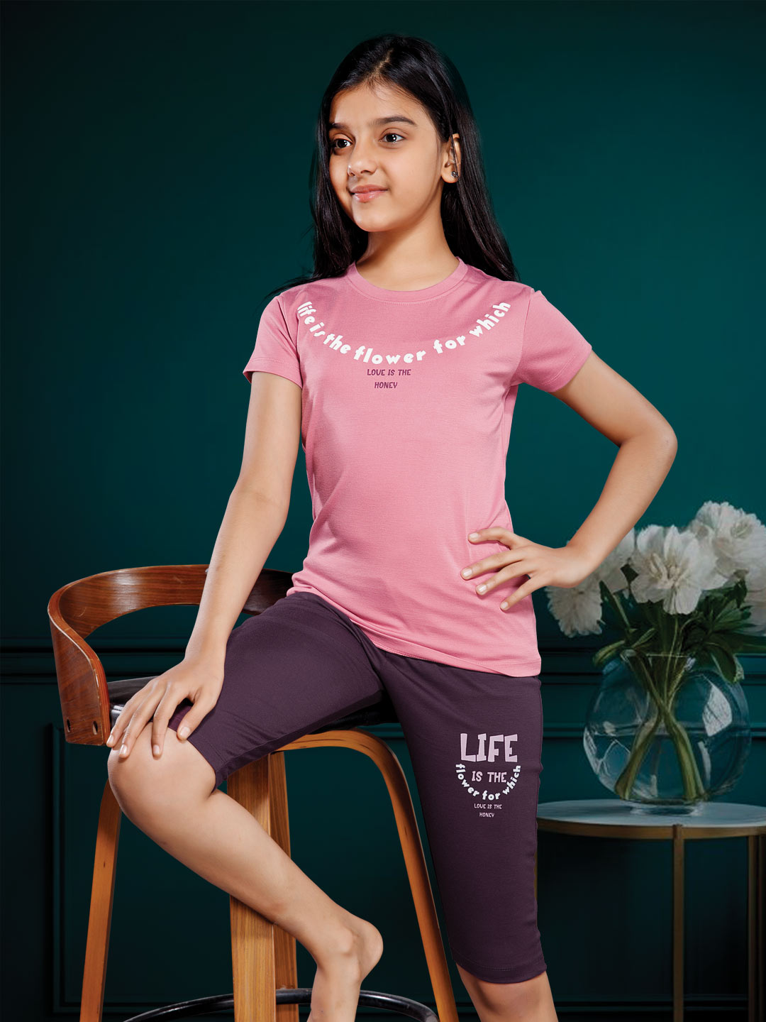 printed 3/4th set for girls color pink rose