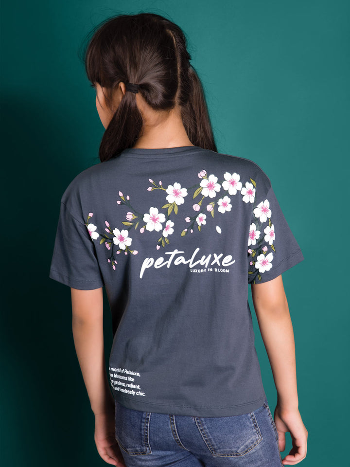 printed down shoulder t-shirt for girls color charcoal grey