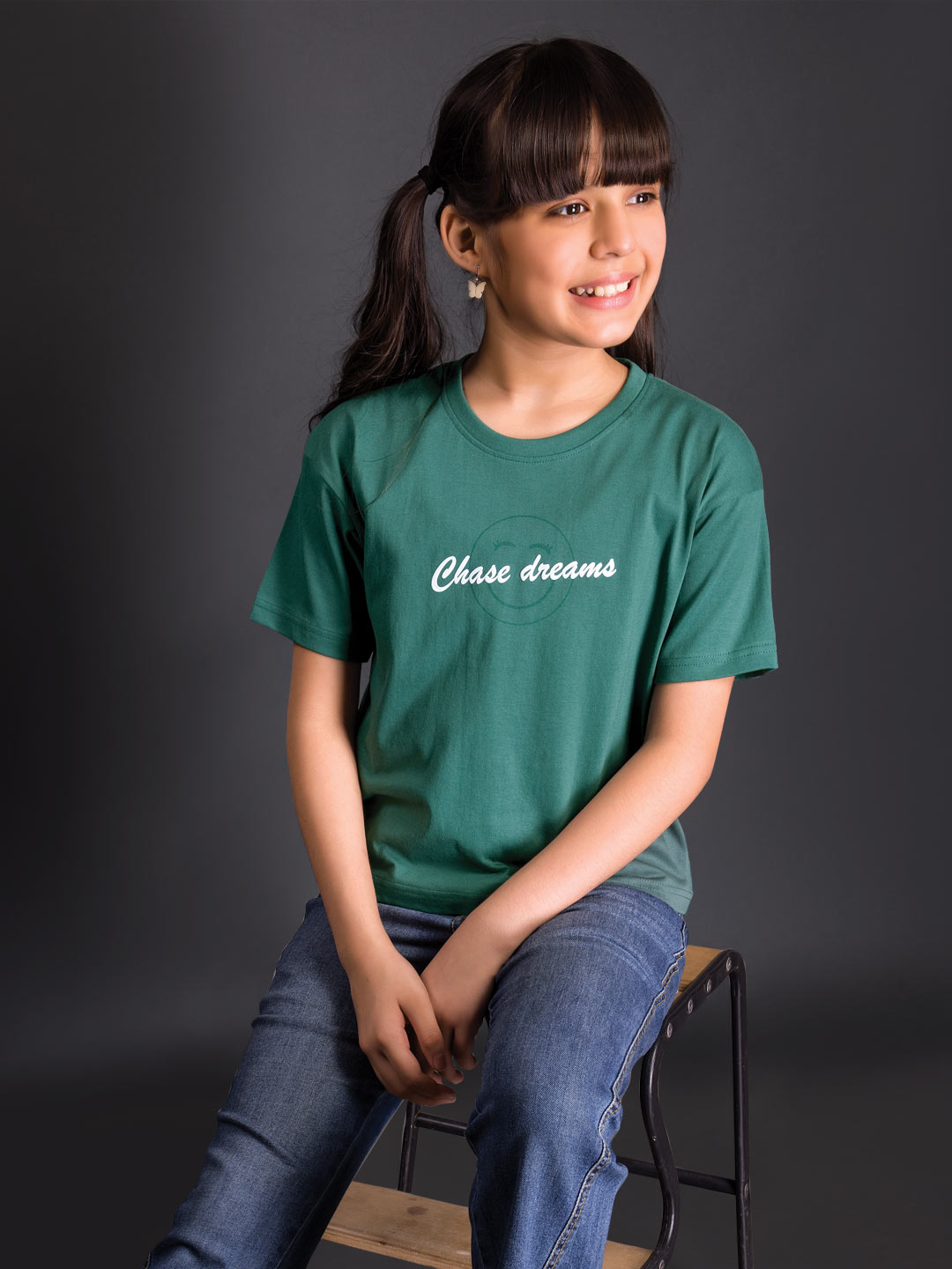 printed down shoulder t-shirt for girls color teal green