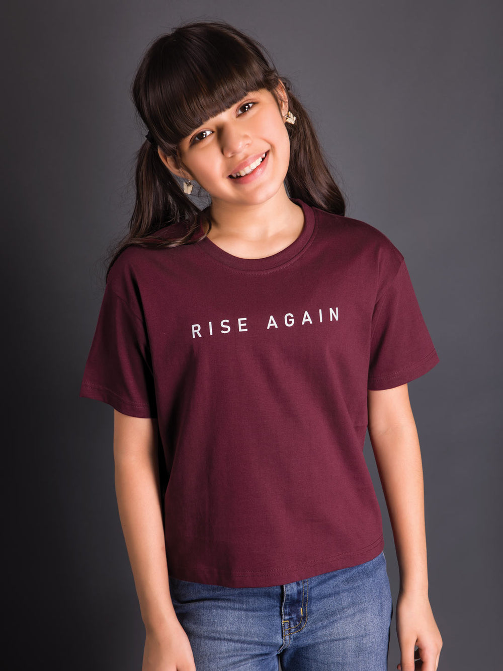printed down shoulder t-shirt for girls color wine berry