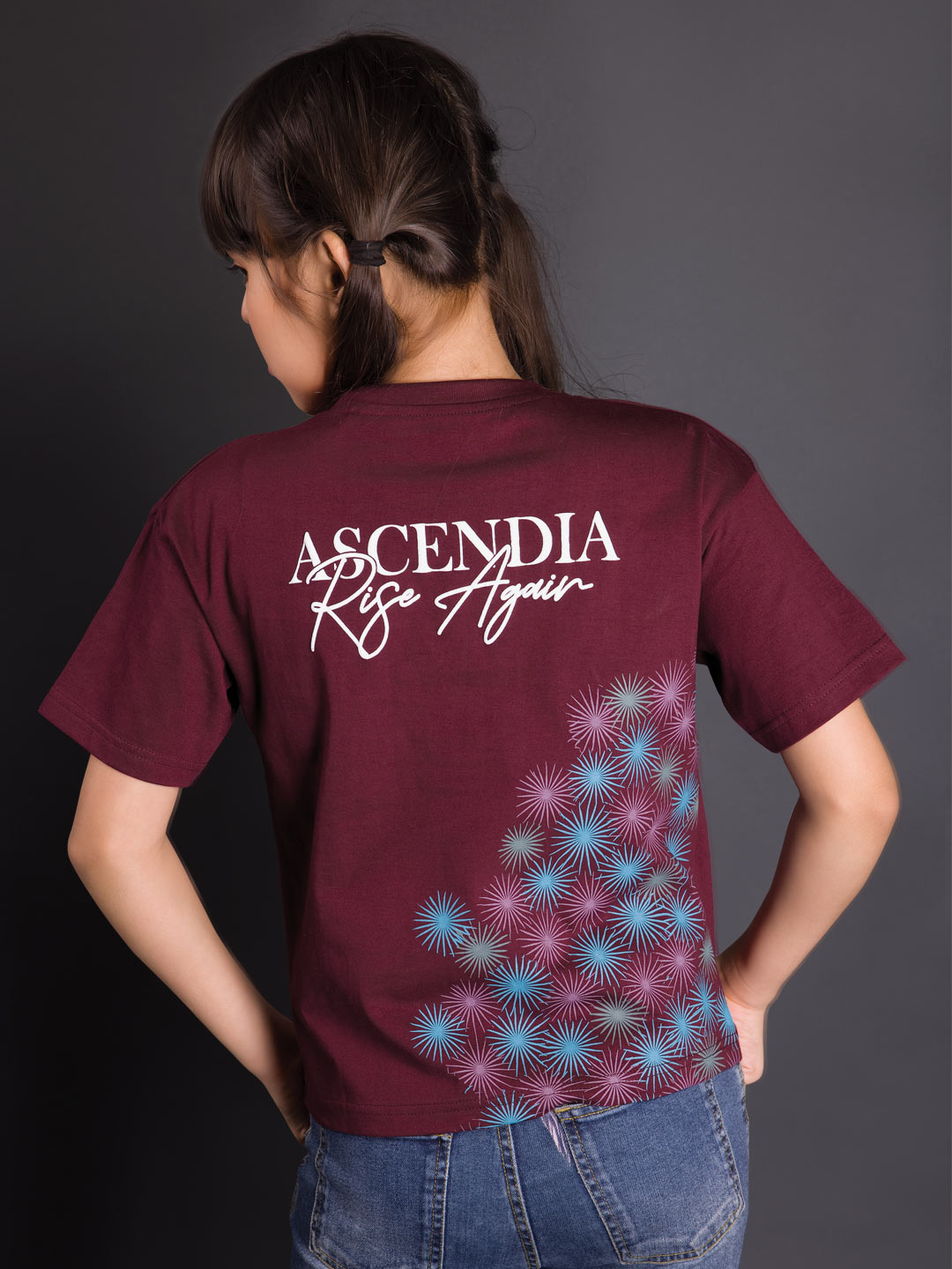 printed down shoulder t-shirt for girls color wine berry