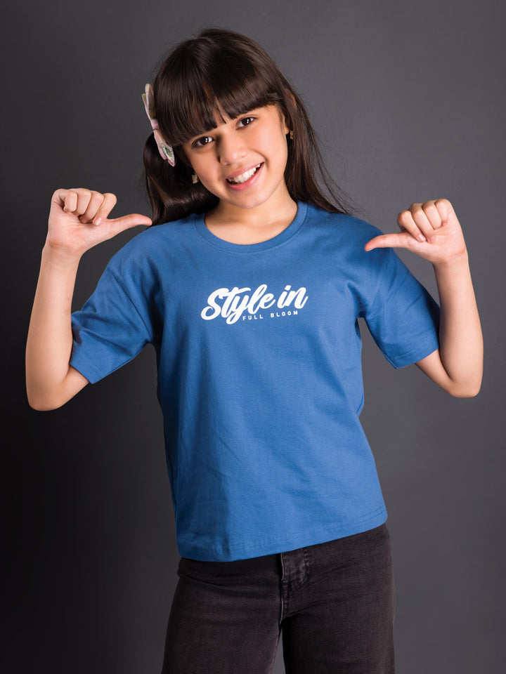 printed down shoulder t-shirt for girls color silk blue