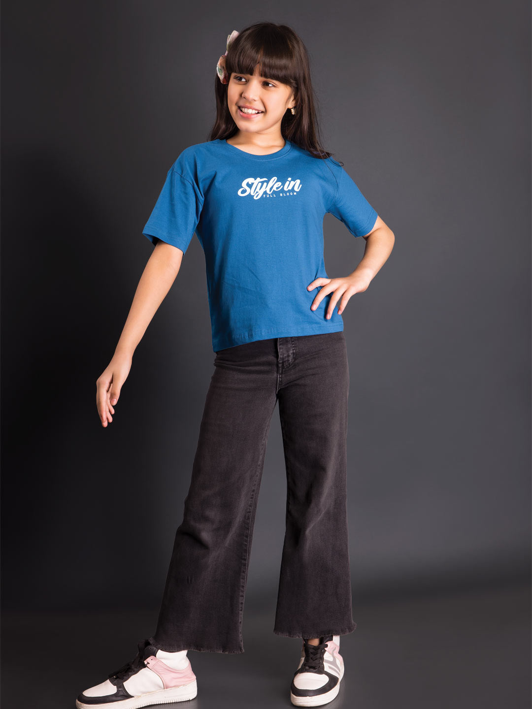 printed down shoulder t-shirt for girls color silk blue