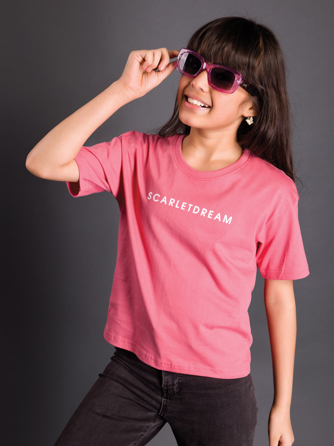 printed down shoulder t-shirt for girls color rosy pink