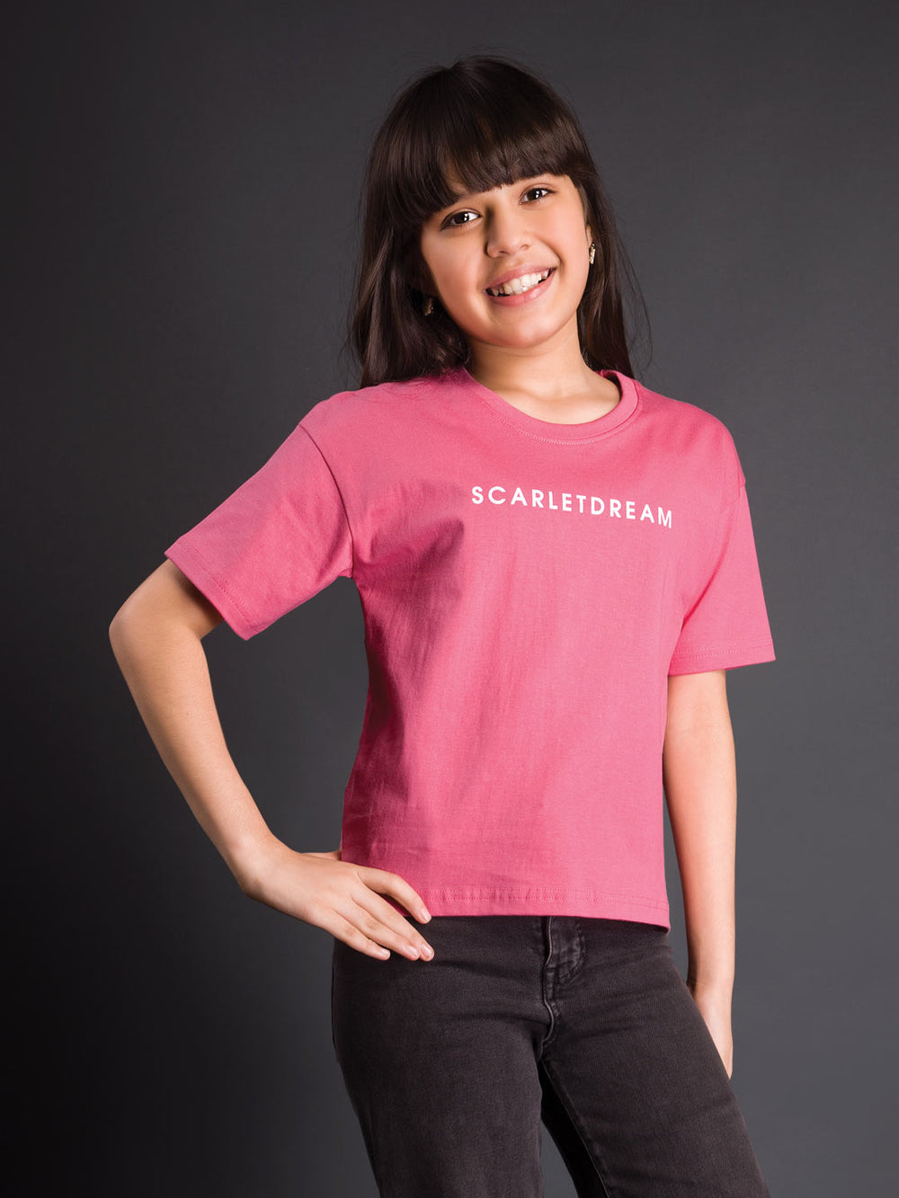 printed down shoulder t-shirt for girls color rosy pink