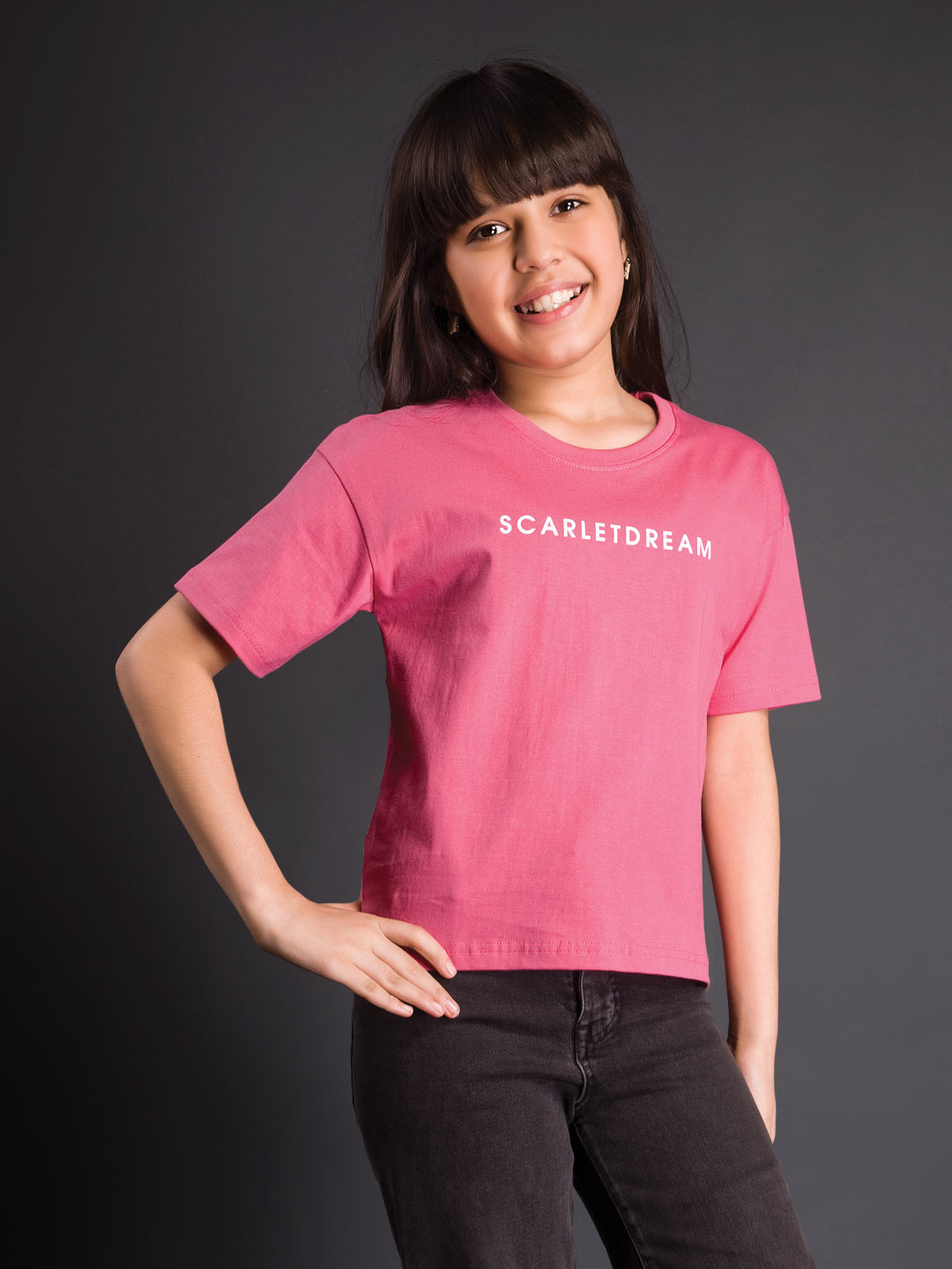 printed down shoulder t-shirt for girls color rosy pink