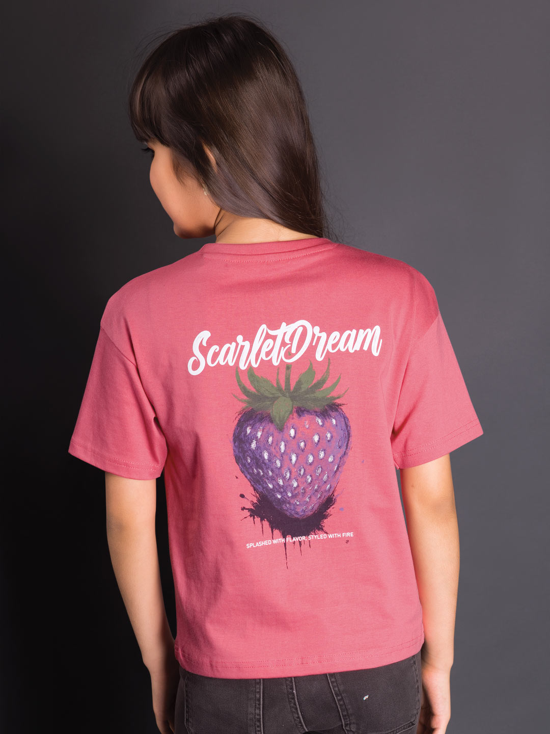 printed down shoulder t-shirt for girls color rosy pink