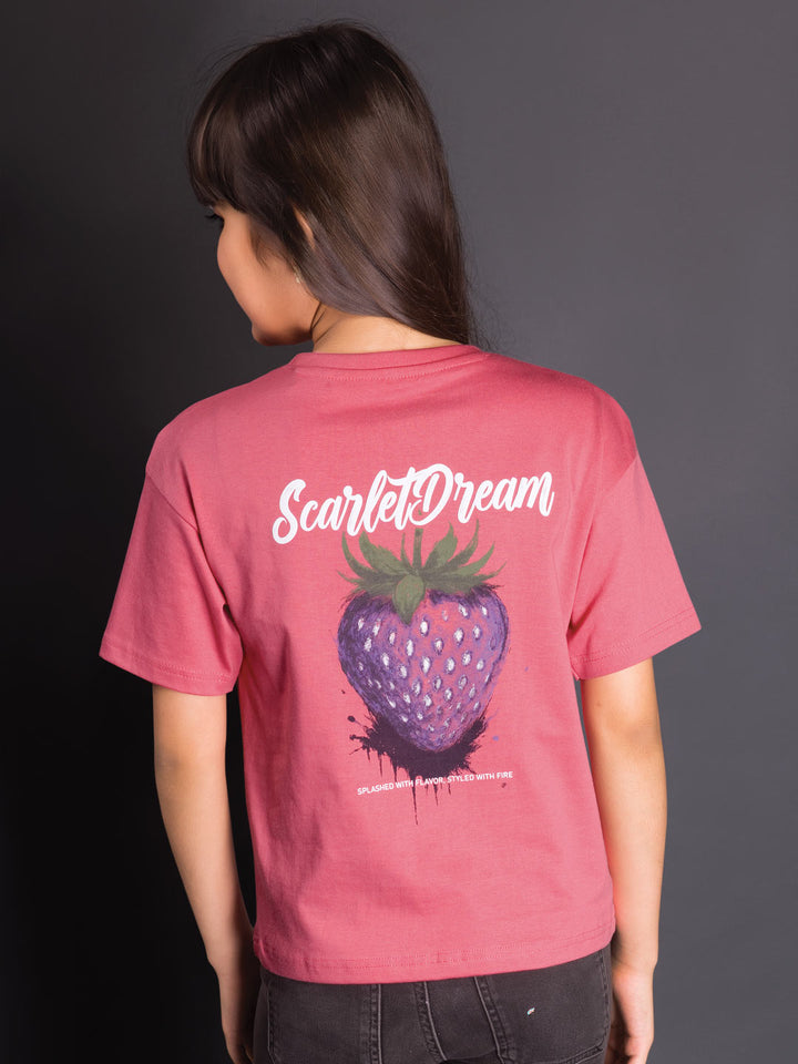 printed down shoulder t-shirt for girls color rosy pink