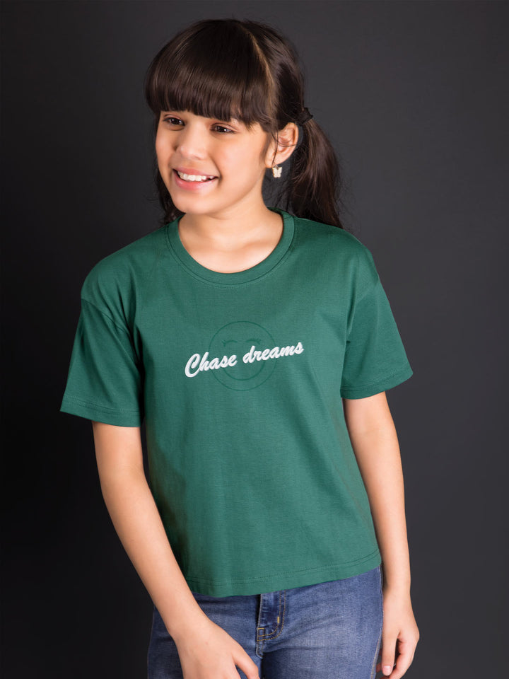 printed down shoulder t-shirt for girls color teal green