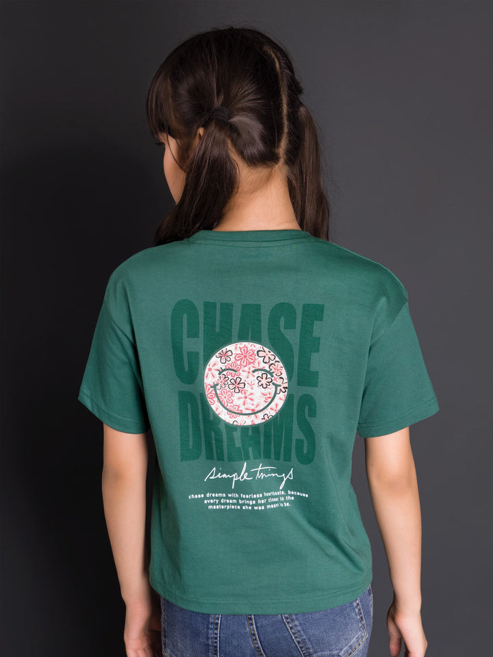 printed down shoulder t-shirt for girls color teal green