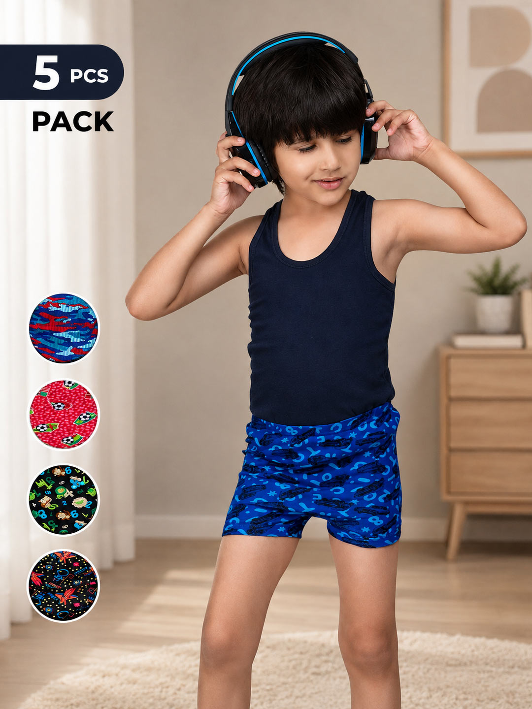 A child wearing a navy sleeveless top and blue patterned shorts stands indoors while holding blue headphones. The image includes a '5 PACK' label and four circular fabric pattern swatches on the left.