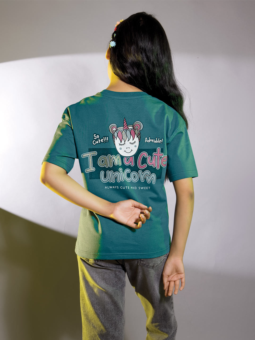 Looper z girls printed down shoulder t-shirt color deep teal