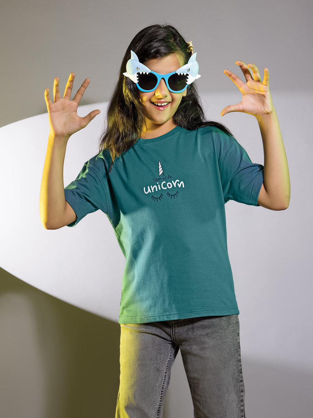 Looper z girls printed down shoulder t-shirt color deep teal