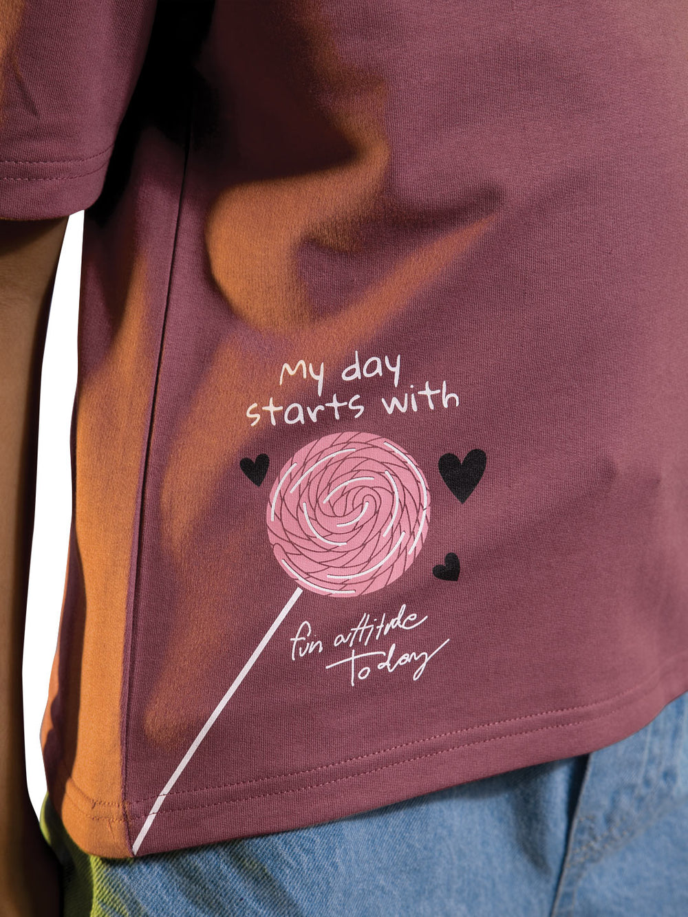 Looper z girls printed down shoulder t-shirt color dusty rose