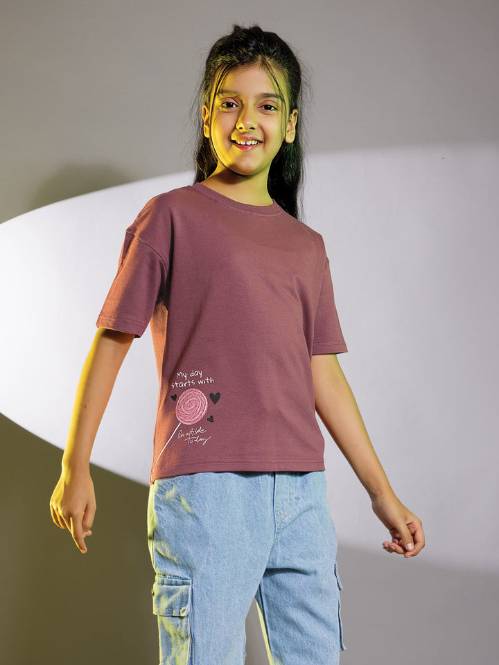 Looper z girls printed down shoulder t-shirt color dusty rose