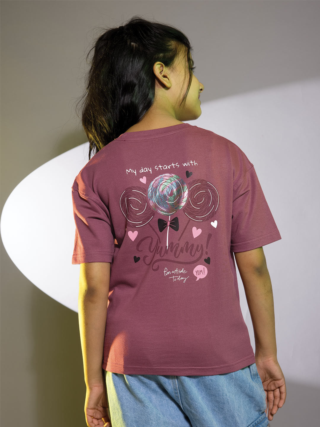 Looper z girls printed down shoulder t-shirt color dusty rose