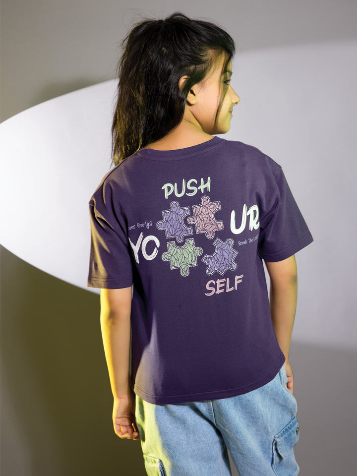 Looper z girls printed down shoulder t-shirt color plum purple