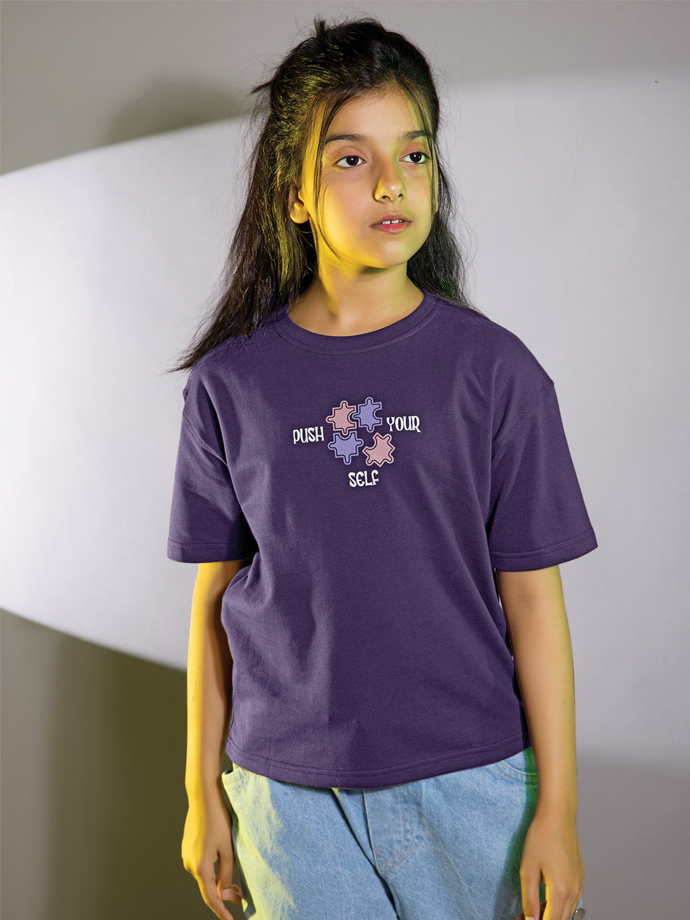Looper z girls printed down shoulder t-shirt color plum purple